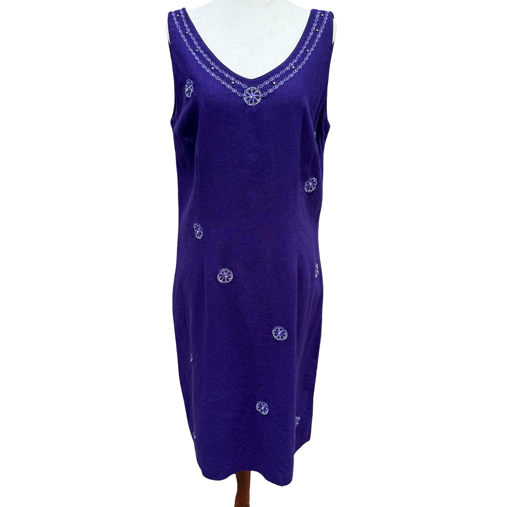 Sag Harbor Linen Blend Coastal Boho Embroidered Beaded V-Neck Sheath Dress 10